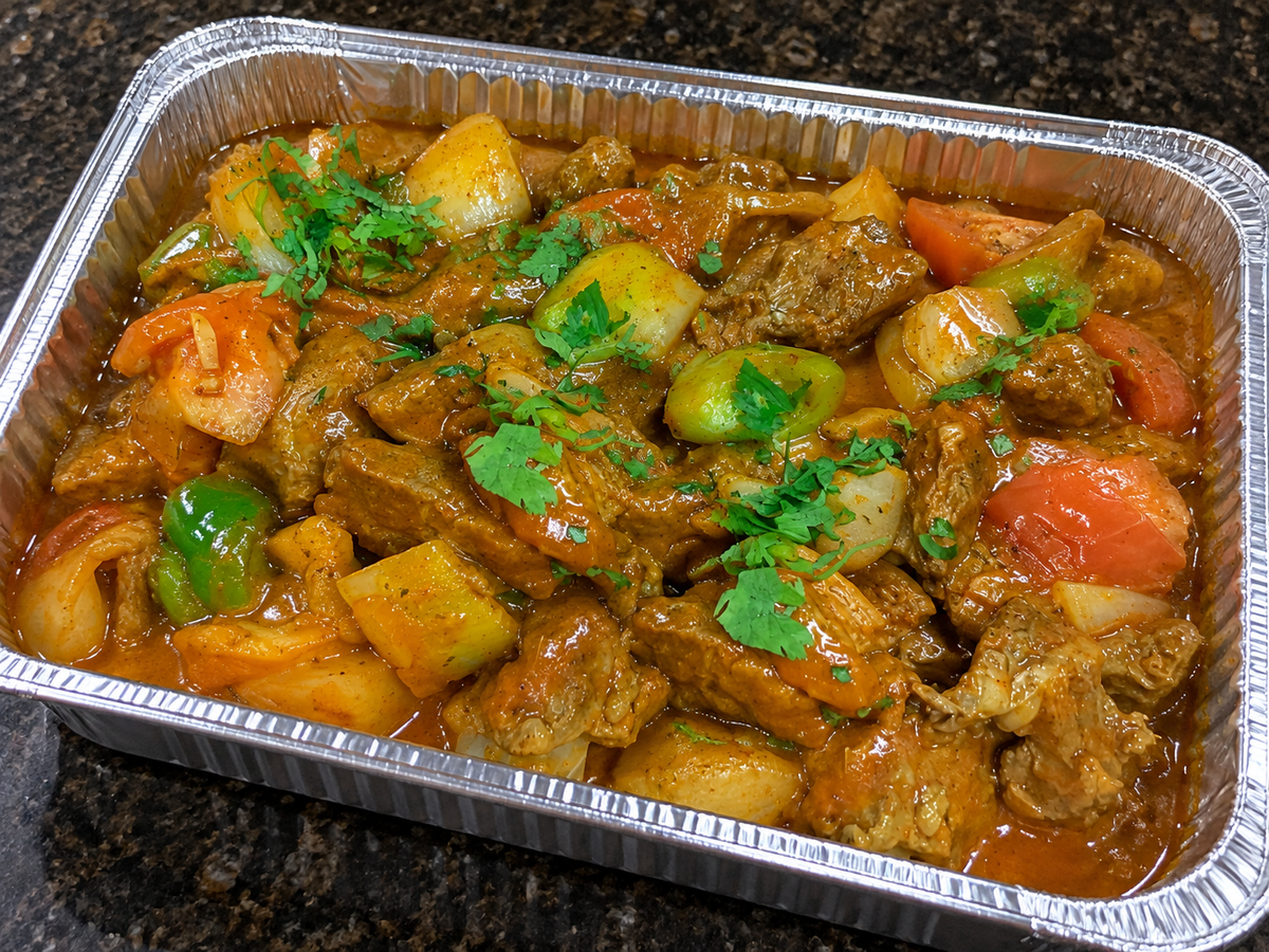 Lamb Chili Masala (spicy lamb with chilies and peppers) catering tray from Arun's Indian Kitchen