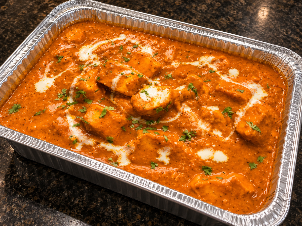 Paneer Makhani (butter paneer) catering tray from Arun's Indian Kitchen