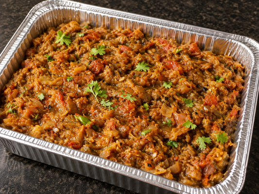 Baingan Bharta (smoky mashed eggplant) catering tray from Arun's Indian Kitchen