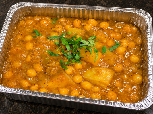 Chana Aloo (chickpea and potato curry) catering tray from Arun's Indian Kitchen
