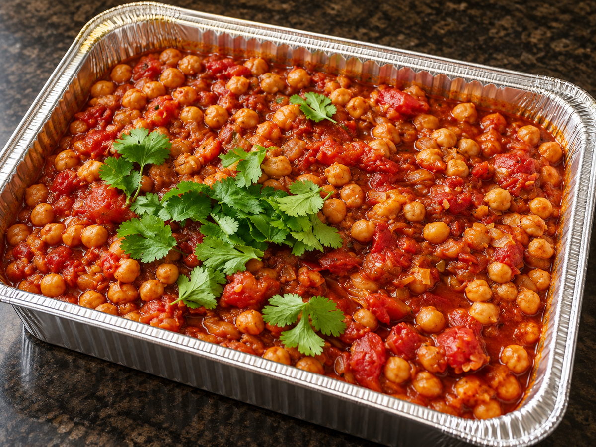 Chana Masala (spiced chickpea curry) catering tray from Arun's Indian Kitchen