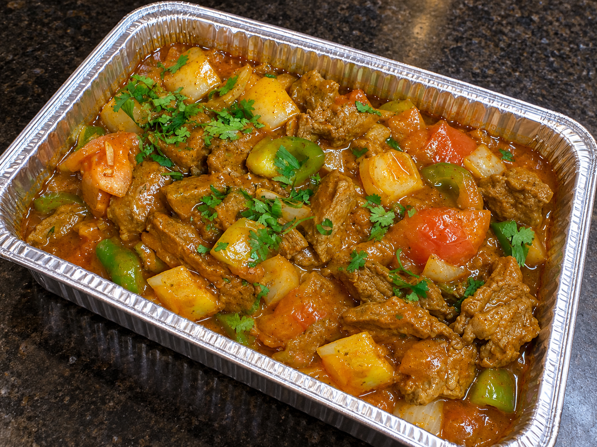 Lamb Kadhai (lamb with peppers and onions) catering tray from Arun's Indian Kitchen
