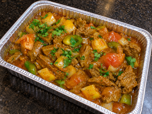 Lamb Kadhai (lamb with peppers and onions) catering tray from Arun's Indian Kitchen