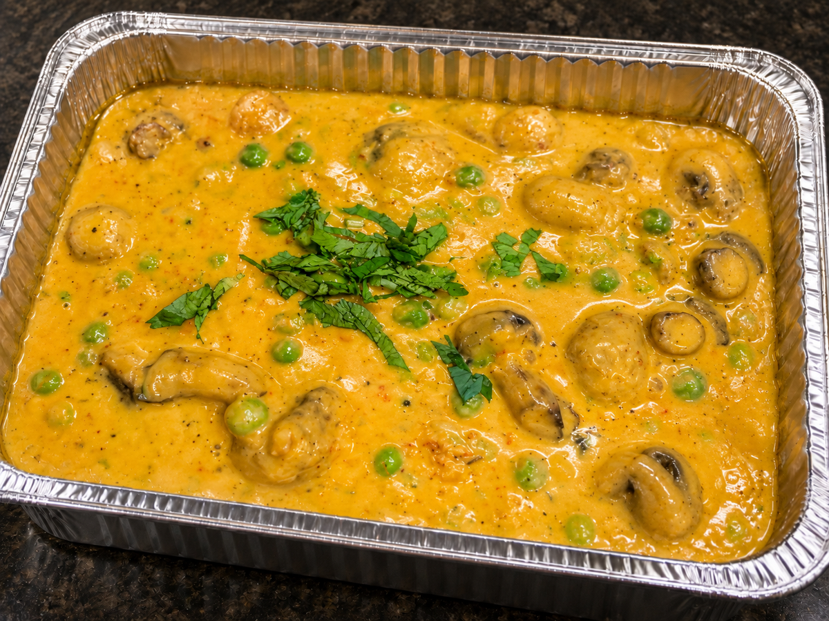 Mushroom Mutter (mushroom and green pea curry) catering tray from Arun's Indian Kitchen