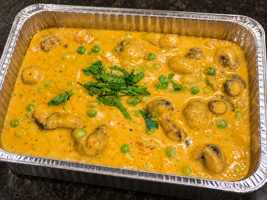 Mushroom Mutter (mushroom and green pea curry) catering tray from Arun's Indian Kitchen