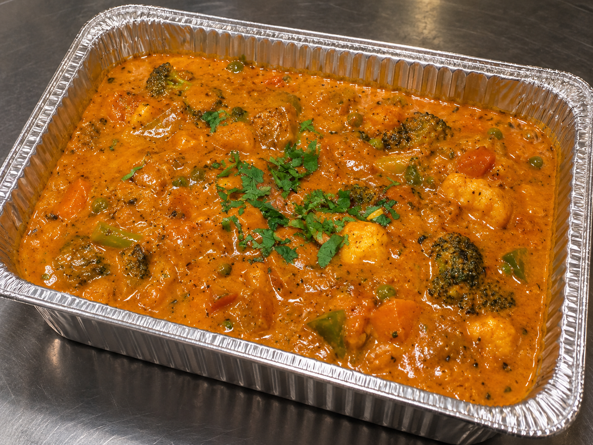Vegetable Tikka Masala (vegetables in creamy tomato masala) catering tray from Arun's Indian Kitchen