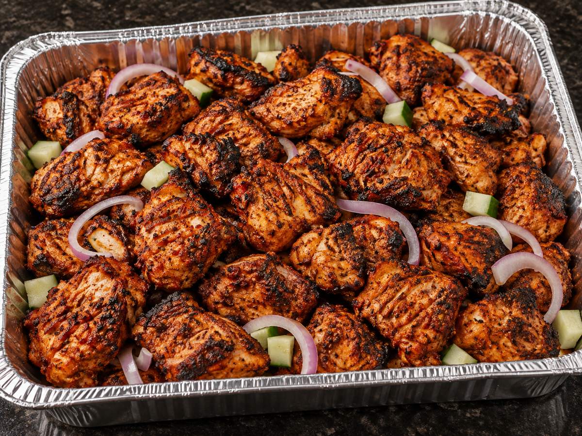 Chicken Tikka (dry tandoori chicken pieces) catering tray from Arun's Indian Kitchen