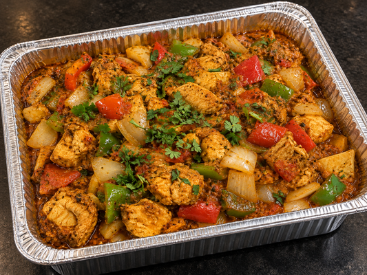Chicken Kadhai (chicken with peppers and onions) catering tray from Arun's Indian Kitchen
