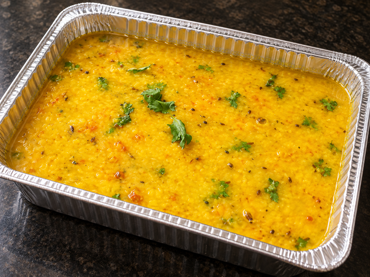 Surti Dal (Gujarati-style lentils) catering tray from Arun's Indian Kitchen