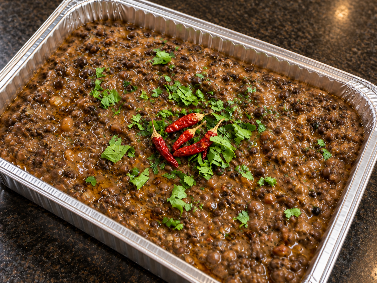 Dal Tarka (tempered yellow lentils) catering tray from Arun's Indian Kitchen