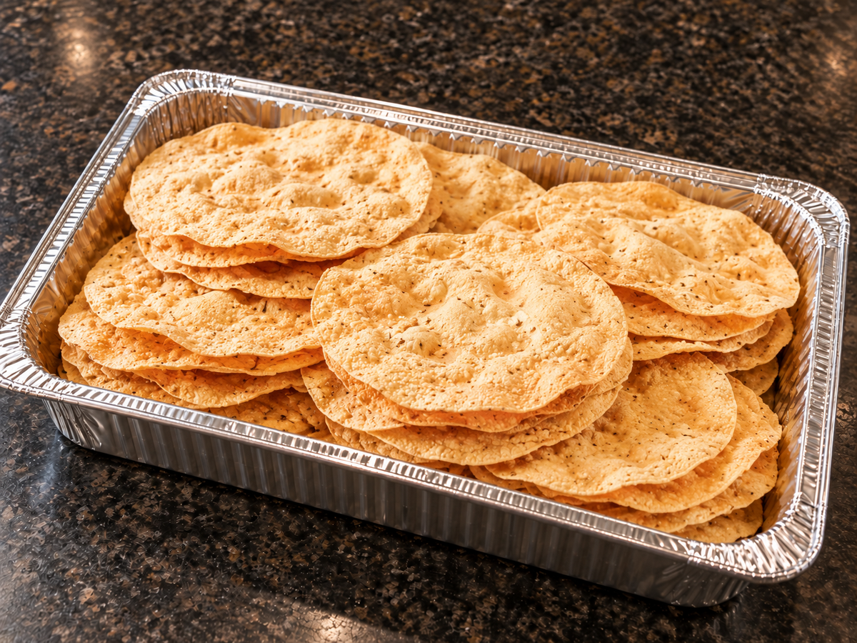 Papadum (crispy lentil wafers) catering tray from Arun's Indian Kitchen